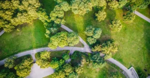 Aerial view of paved walking paths in park.