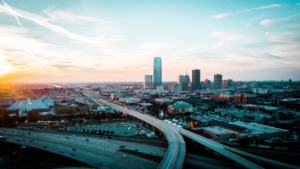 View of Downtown Oklahoma City at sunset.