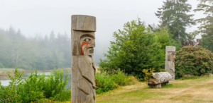 First Nations totem pole located in Huu-ay-aht First Nations community of Anacla near Pachena River.
