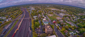 Drone view of large residential area at sunset.