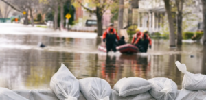 Flood Protection Sandbags with flooded homes in the background.