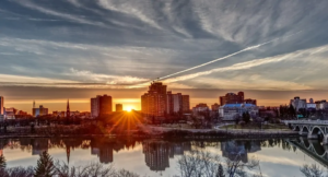 City skyline at sunset.