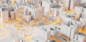 3 dimensional rendering of a city with white buildings and streets illuminated in yellow.