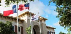 Front entrance of city hall in Corinth, Texas, USA.