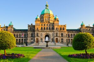 Canadian Parliament Building in Victoria British Columbia on sunny day.