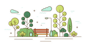 Cute illustration of park bench, trees, and clouds.