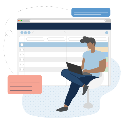 Illustrated composition of citizen using laptop, Citywide software in web browser, and message bubbles. Minimalist illustration style.