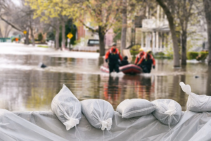 Sandbags on flooded area with emergency team in the background pulling a raft with supplies.