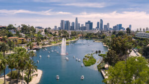 Aerial view of Echo Park with downtown Los Angeles skyline.