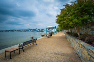 Bench along the Potomac River Waterfront, in Alexandria, Virginia.