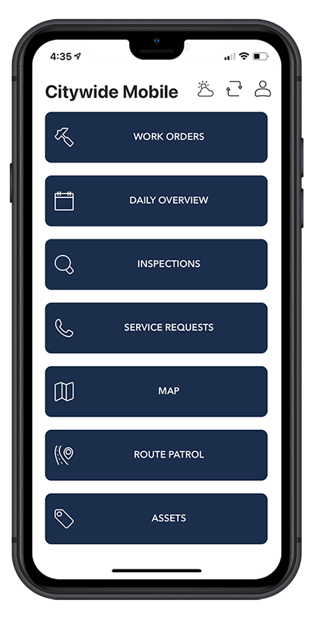 Mobile phone with Citywide Mobile app on screen.