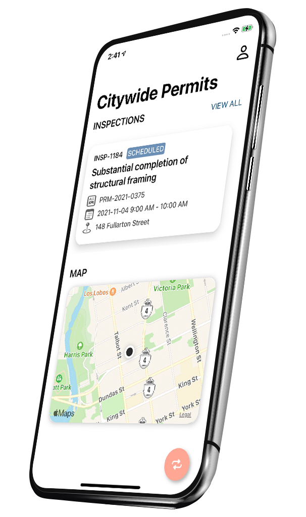Mobile phone with Citywide Permits mobile app on screen.