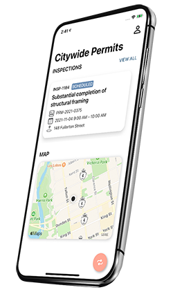 Mobile phone with Citywide Permits mobile app on screen.