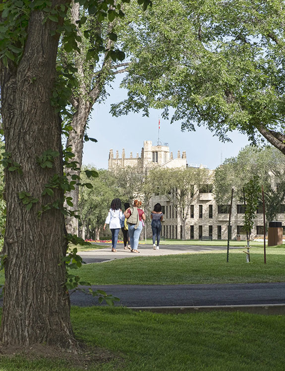 University students walking in the distance, on a paved path towards a campus building on a bright day.