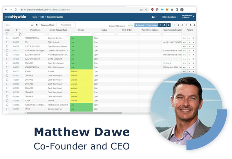 Screenshot of Citywide Maintenance software with headshot of presenter Matt Dawe, CEO & Co-Founder.