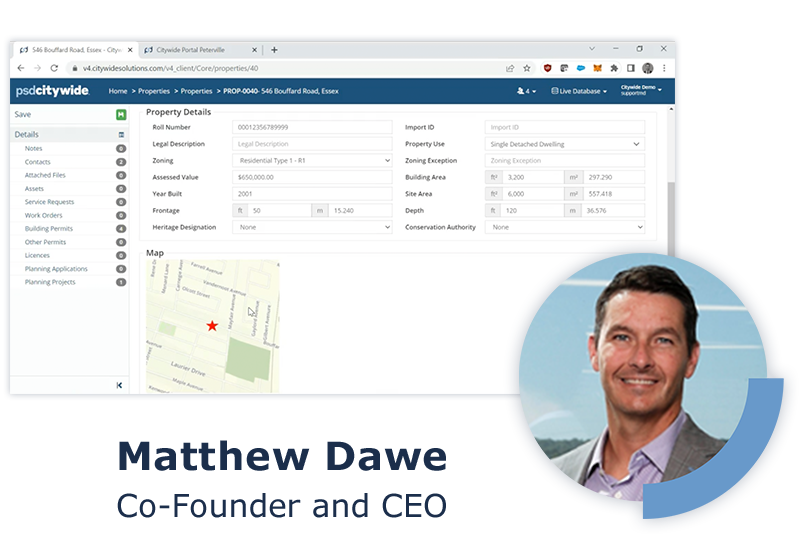 Screenshot of Citywide Permitting software with headshot of presenter Matt Dawe, CEO & Co-Founder.