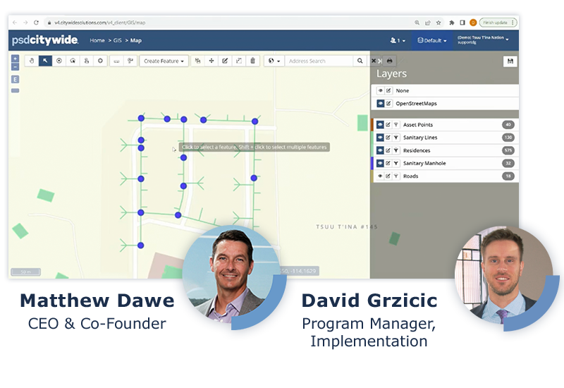 Screenshot of Citywide GIS software with headshots of presenters Matt Dawe, CEO & Co-Founder and David Grzicic, Program Manager, Implementation.