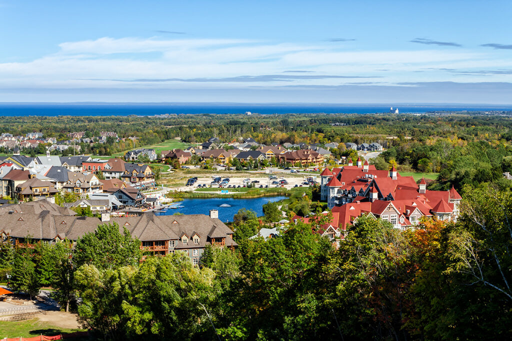 Aereal view of Blue Mountain resort and village during in Collingwood, Ontario, Canada.