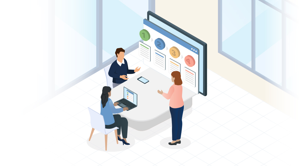 Municipal leaders in a workshop reviewing asset management strategy documents and benchmarking charts.