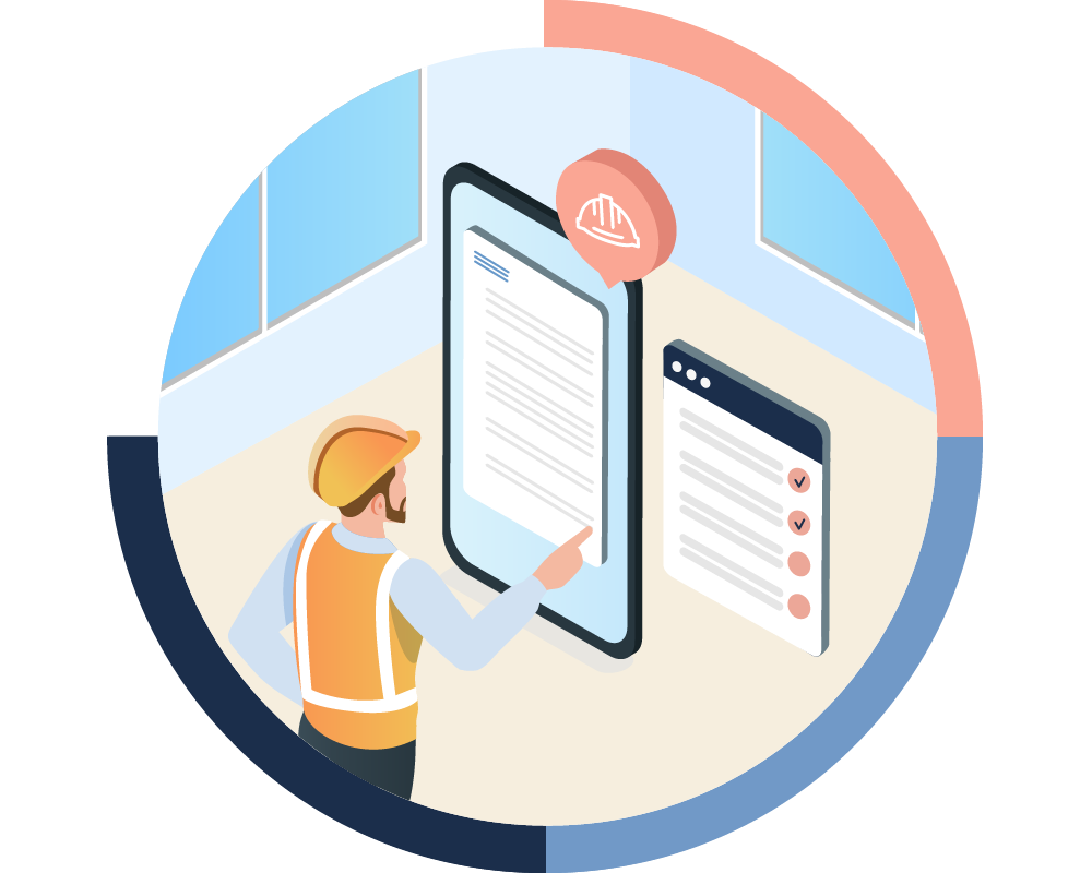 Illustration of worker in safety vest and hard hat using mobile device.