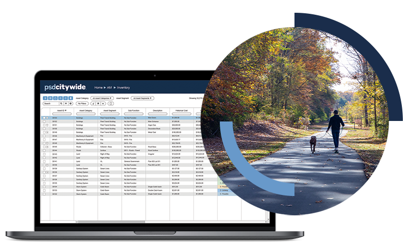 Graphic of Citywide Software on a laptop screen beside an image of someone walking along a recreational trail.