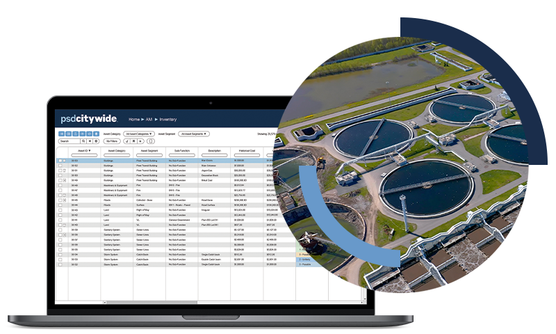 Graphic of Citywide Software on a laptop screen beside an image of a water treatment facility.