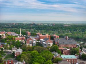 An aerial view of a university campus, symbolizing the physical assets that need protection through higher education asset management.