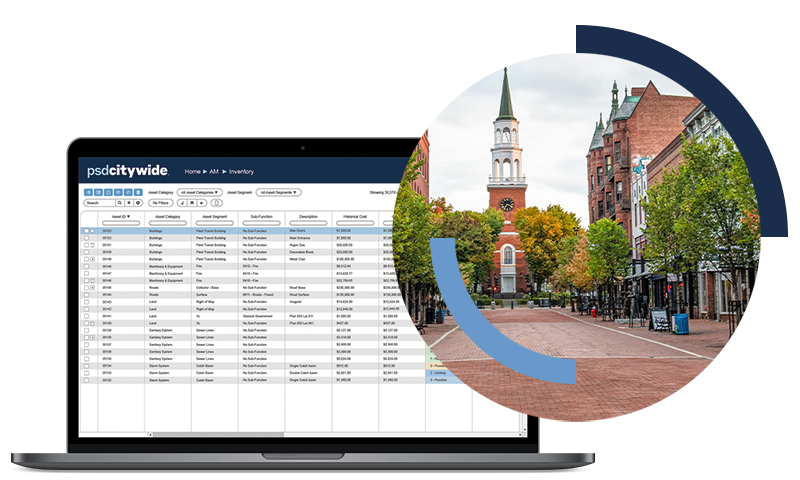 Graphic of Citywide Software on a laptop screen beside an image of small town main street.
