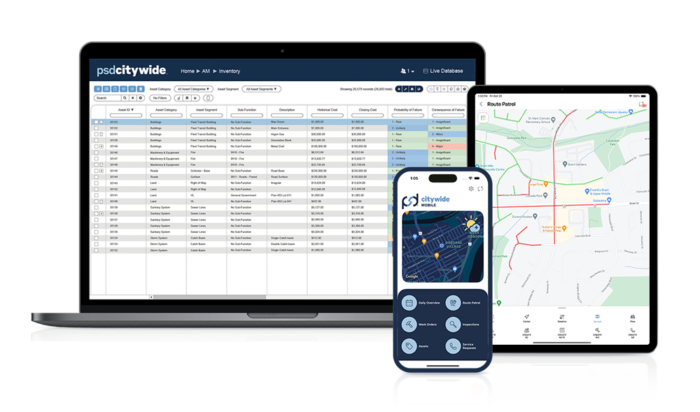 Laptop, tablet, and mobile device showing Citywide Software on screen.