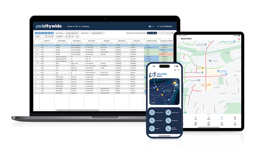 Laptop, tablet, and mobile device showing Citywide Software on screen.