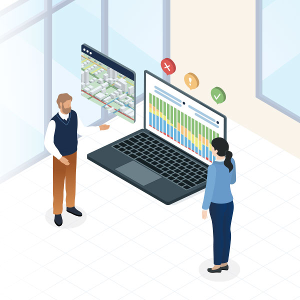 Public works supervisors reviewing maps and condition reports with overlaid risk heatmaps on screen.