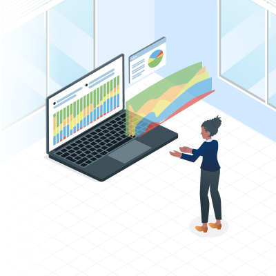 Someone reviewing graphs and scenario comparisons on a computer.