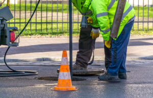 Public works crew performing preventive sewer maintenance at an open manhole on city street. High-visibility workers with safety cone protecting urban infrastructure work zone during maintenance work order.