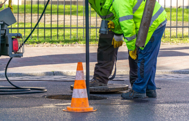 Public works crew performing preventive sewer maintenance at an open manhole on city street. High-visibility workers with safety cone protecting urban infrastructure work zone during maintenance work order.