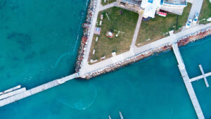 Aerial top view of the Port Colborne and Lake Erie in Ontario, Canada.