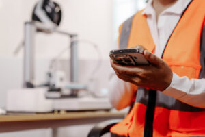 Building inspector reviewing digital permit details and inspection notes on a mobile device