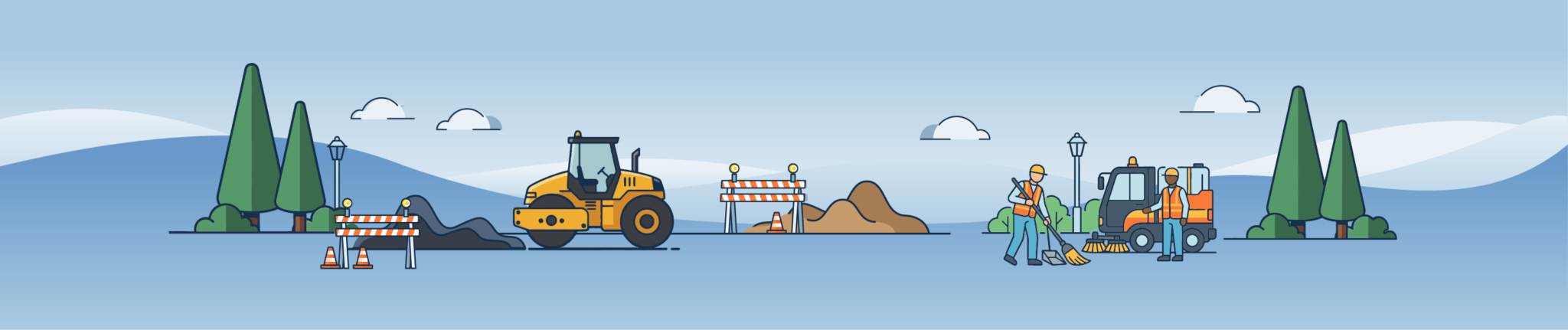 Illustration of various maintenance workers and activities.