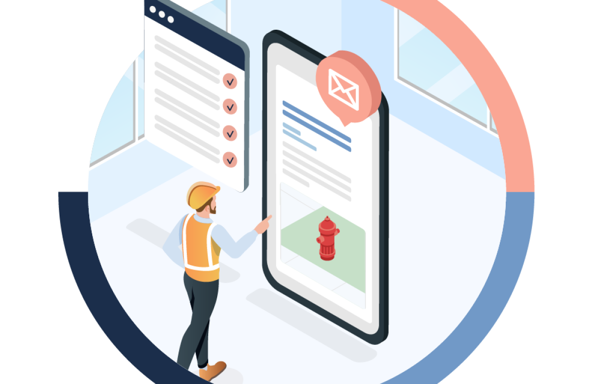 Illustration of worker in safety vest and hard hat using mobile device.