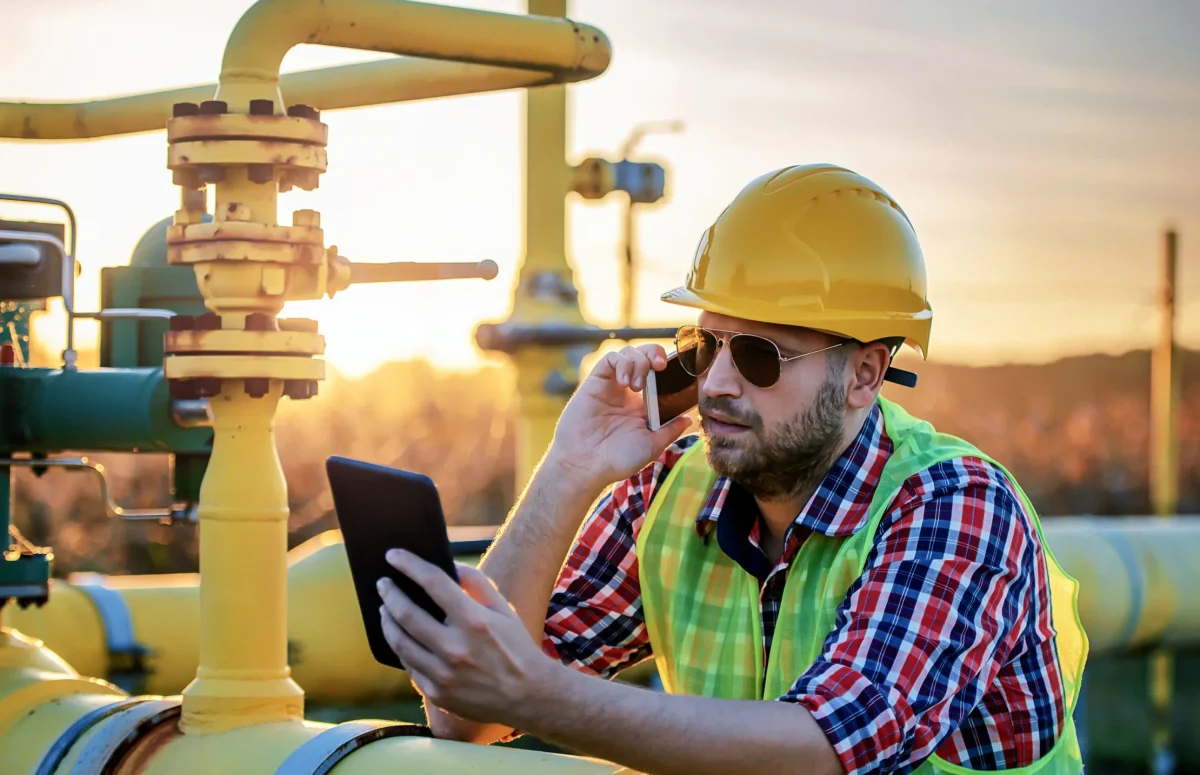 Inspector wearing yellow safety vest and hard hat, holding tablet while talking on mobile phone near water pipes.